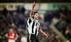 Peter Beardsley celebrates scoring for Newcastle against Nottingham Forest in May 1996