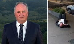 Barnaby Joyce appearing on the Seven Network's Sunrise program alongside a still from the video of him lying on a footpath