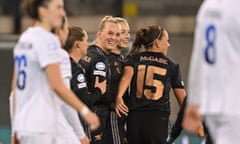 Stina Blackstenius of Arsenal celebrates scoring her second, and the Gunners’ sixth goal of the game.