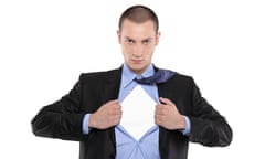 Superhero businessman opening blue shirt blank white t-shirt underneath
