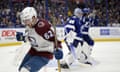 Colorado Avalanche left wing Artturi Lehkonen reacts after scoring on the way to his team’s clinching victory in the Stanley Cup final