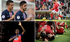 Ligue1 COMP Paris Saint-Germain's Ander Herrera and Pablo Sarabia, Teji Savanier of Nimes, Lille sign Victor Osimhen and relegation play off winners, Dijon's Naim Sliti celebrates