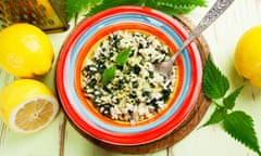 Risotto with nettles and lemon on a ceramic plate