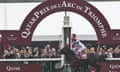 Italian Frankie Dettori riding Golden Horn crosses the finish line to win the Qatar Prix de l’Arc de Triomphe horse race at the Longchamp horse racetrack, outside Paris, France, Sunday, Oct. 4, 2015. (AP Photo/Michel Euler)