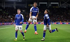 Omari Hutchinson (centre) celebrates after scoring one of 10 league goals he got on loan at Ipswich to help them win promotion.