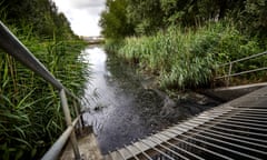 a view of the River Lea near the Olympic park in Stratford, east London, showing brownish foam and scum around a grille from an overflow pipe; the waterway is otherwise pretty, with tall greenery, plants and trees to either side, and is seen on a greyish day with light reflecting off the water