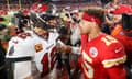 Patrick Mahomes and Tom Brady greet each other after a game last October. Mahomes has the chance to win his second Super Bowl this month