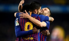 FC Barcelona vs Leganes, La Liga, date 20. Football, Camp Nou Stadium, Barcelona, Spain - 20 JAN 2018<br>Mandatory Credit: Photo by Bagu Blanco/BPI/REX/Shutterstock (10069320b) Ousmane Dembele of FC Barcelona celebrates his goal with Jordi Alba and Luis Suarez FC Barcelona vs Leganes, La Liga, date 20. Football, Camp Nou Stadium, Barcelona, Spain - 20 JAN 2018