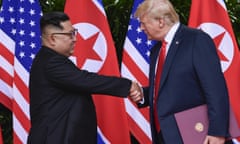 North Korean leader Kim Jong-un and US president Donald Trump shake hands at the conclusion of their meeting in Singapore. 