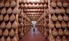 Parma hams hung to dry at a smokehouse in Langhirano, Italy. 
