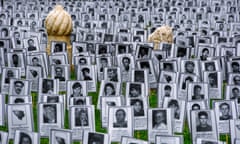 Bosnia marks Prijedor Victims with White Ribbon Day<br>SARAJEVO, BOSNIA AND HERZEGOVINA - MAY 31: Pictures of the victims who were killed in wartime by Serbs in city of Prijedor are being displayed during White Ribbon Day commemorating at the Grand Park Sarajevo in Bosnia and Herzegovina on May 31, 2019. White Ribbon Day has been marked since 2012 to remember the civilians who put white ribbons on their arms and hang white sheets on their houses in the wartime and killed by the Serbian soldiers in 1992 after they were identified. (Photo by Lejla Biogradlija/Anadolu Agency/Getty Images)