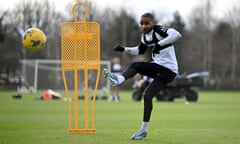 Christopher Nkunku strikes the ball in training.