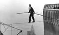 In this Aug. 7, 1974 file photo, Philippe Petit, a French high wire artist, walks across a tightrope suspended between the World Trade Center's Twin Towers in New York.  Philippe Petit stars in "Man on a Wire," directed by James Marsh.   (AP Photo/Alan Welner, file)