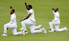 John Campbell, Jason Holder and Jermaine Blackwood of the West Indies take a knee during day one of the 1st Test match at the Ageas Bowl this year.