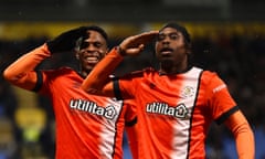 The matchwinner Chiedozie Ogbene (left) salutes the Luton fans with Pelly Ruddock Mpanzu after scoring the decisive goal.