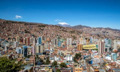 Aerial view of La Paz with Illimani Mountain on background - La Paz, Bolivia<br>Aerial view of La Paz city with Illimani Mountain on background - La Paz, Bolivia