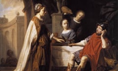 Painting depicting a standing woman in a cloak talking with a ponderous-looking man, who is seated.