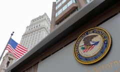 FILE PHOTO: The seal of the United States Department of Justice is seen on the building exterior of the United States Attorney's Office of the Southern District of New York in Manhattan, New York City, U.S., August 17, 2020. REUTERS/Andrew Kelly/File Photo