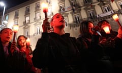 Protesters in Naples carrying torches in memory of Cecchettin on Thursday