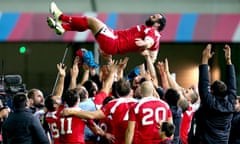 Georgia’s Jaba Bregvadze is held aloft by his team-mates after the team’s World Cup win over Namibia at Sandy Park.