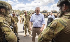 Australian prime minister Scott Morrison speaks to military personnel during the opening of Rheinmetall Military Vehicle Centre of Excellence in Redbank, Queensland, Australia.