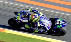 Valentino Rossi takes the racing line on his YZR-M1 during the first practice session ahead of the Valencia Moto GP at the Ricardo Tormo racetrack in Cheste, Spain.