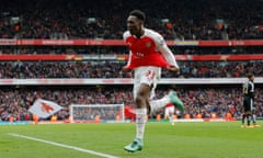 Arsenal v Leicester City<br>Danny Welbeck celebrates after he heads the winning goal for Arsenal in injury time during the Arsenal v Leicester City F.A. Premier League match at the Emirates Stadium on February 14th 2016 in London (Photo by Tom Jenkins)