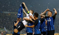 Mauro Icardi celebrates after completing his hat-trick with a last-minute penalty in Internazionale’s 3-2 win over Milan.