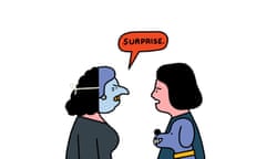 Illustration showing a woman in a Theresa May mask surprising a friend