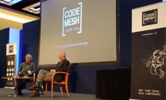 Final keynote of Code Mesh 2016 - Joe Armstrong and Alan Kay are seated onstage before the talk begins