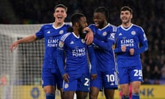 Ricardo Pereira celebrates scoring during the Championship match between Leicester and Huddersfield at the King Power Stadium