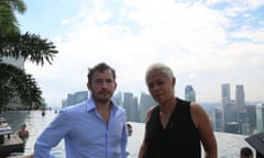 Programme Name: Amazing Hotels: Life beyond the lobby  - TX: 26/03/2017 - Episode: Amazing Hotels: Life beyond the lobby - Singapor (No. 1) - Picture Shows: Giles Coren and Monica Galetti by the pool at the Marina Bay Sands Hotel, Singapore  - (C) BBC - Photographer: BBC