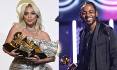 Lady Gaga and Kendrick Lamar with their Grammy awards