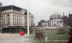 Baskerville House and the Hall of Memory in Birmingham, 2022 and 1953.