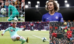 Manchester United goalkeeper David de Gea looks on as he concedes a goal, Chelsea’s David Luiz, Paul Pogba of Manchester United has an acrobatic shot on goal and Ryan Fraser of Bournemouth fires in a cross. 