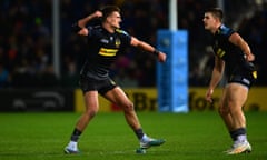Henry Slade (left) celebrates after his winning kick edged Exeter to victory against Gloucester
