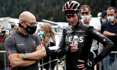 Chris Froome (right) and Ineos manager Dave Brailsford at the third stage of the La Route d’Occitanie in August