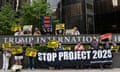 Anti-Trump Demonstration At Trump Hotel, New York, USA - 20 Jul 2024<br>Mandatory Credit: Photo by Gina M Randazzo/ZUMA Press Wire/REX/Shutterstock (14596820al) Anti-Trump protesters with the activist group Rise &amp; Resist hold signs and banners outside of Trump International Hotel &amp; Tower. A banner reads 'STOP PROJECT 2025 StoptheCoup2025.org' and signs with images of Trump with a red circle with a slash no symbol read 'PROTECT ABORTION RIGHTS' 'PROTECT OUR PLANET!' 'NO DICTATORS IN THE USA!' '34 FELONY CONVICTIONS' 'AMERICA! REJECT PROJECT 2025' 'STOP TRUMP' 'STOP CHRISTIAN NATIONALISM. Anti-Trump Demonstration At Trump Hotel, New York, USA - 20 Jul 2024