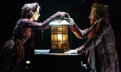 Melissa Allan as Little Fan and Rhys Ifans as Ebenezer Scrooge in A Christmas Carol at the Old Vic