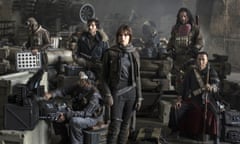 This photo provided by Disney - Lucasfilm shows actors Riz Ahmed, from left, Diego Luna, Felicity Jones, Jiang Wen and Donnie Yen, in the upcoming film, “Star Wars: Rogue One.” The film releases Dec. 16, 2016. (Jonathan Olley, Leah Evans/Disney/Lucasfilm via AP)