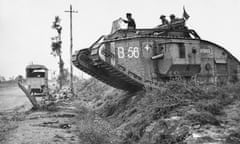 A British Mark V tank (B56, 9003) of the 2 Battalion, Tank Corps crossing the ditch at the side of a road at Lamotte-en-Santerre, 8 August 1918.