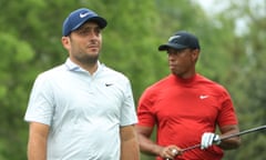 Francesco Molinari of Italy and Tiger Woods of the United States at the fifth tee at the Masters in 2019.