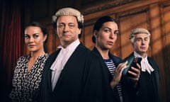 Left to right: Chanel Cresswell as Coleen Rooney, Michael Sheen as David Sherborne, Natalia Tena as Rebekah Vardy and Simon Coury as Hugh Tomlinson KC.