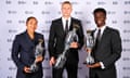 Lauren James, Erling Haaland and Bukayo Saka pose with the PFA trophies they were awarded.