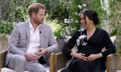 Harry and Meghan are seen during an interview with Oprah Winfrey