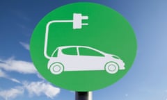 Green sign indicating a charging point for electric vehicles, sunny blue sky added in post-production<br>D402TT Green sign indicating a charging point for electric vehicles, sunny blue sky added in post-production