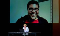 Fiona Shaw on stage and Nassim Soleimanpour via video call in a performance of Echo on 13 July.