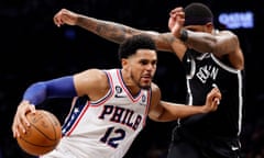 Philadelphia’s Tobias Harris dribbles against Brooklyn’s Royce O'Neale during the second half of Saturday’s game.
