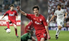 Xabi Alonso in action for Real Sociedad, Alonso celebrates after scoring Liverpool’s third goal against AC Milan and playing for Real Madrid. Photographs by Action Images/Reuters and Getty.