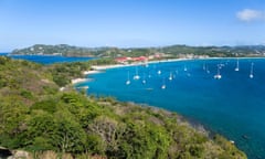 WEST INDIES Caribbean St Lucia Gros Islet Rodney Fort Pigeon Island National Historic Park towards isthmus and Rodney Bay<br>B95W65 WEST INDIES Caribbean St Lucia Gros Islet Rodney Fort Pigeon Island National Historic Park towards isthmus and Rodney Bay